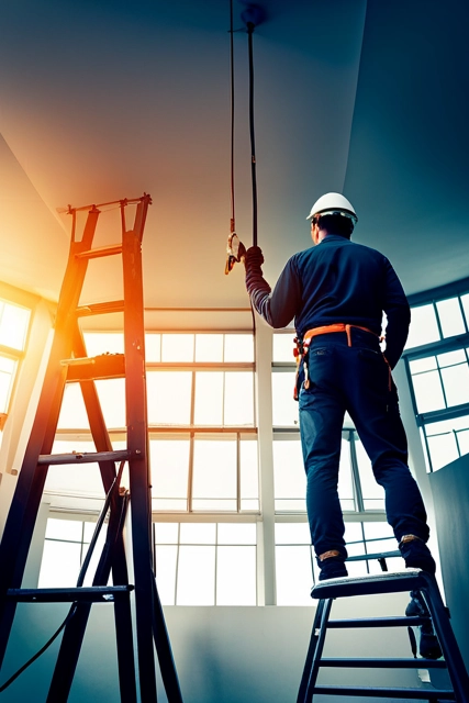 An image representing an electrical installation in progress. Show an electrician at work in an industrial setting, wearing protective gear and holding a tool like pliers, standing on a ladder. Show electrical wires running along the walls and ceiling, with various electrical panels and parts completing the installation. Use blue and gray tones to convey a sense of expertise and precision.